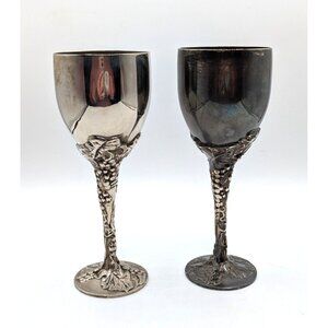2 Vintage Godinger Silver Plated Wine Goblet Grape Vine Leaf Design 8 oz